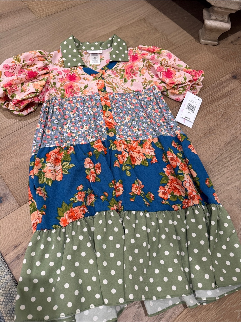 Girls' Multi-Pattern Tiered Floral Dress - Green, Pink, Blue